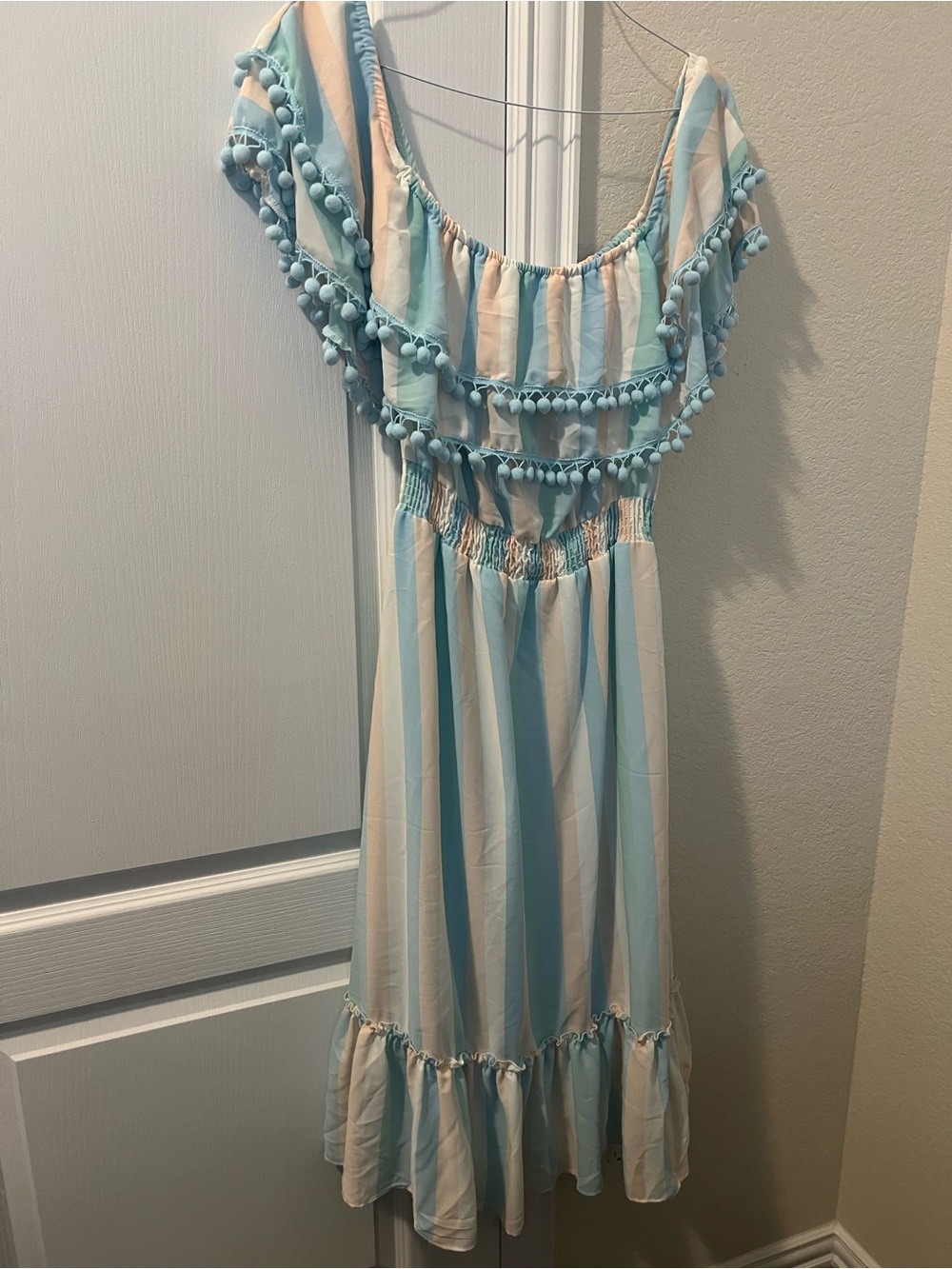 Aura Pastel Striped Off-Shoulder Midi Dress with Pom Trim